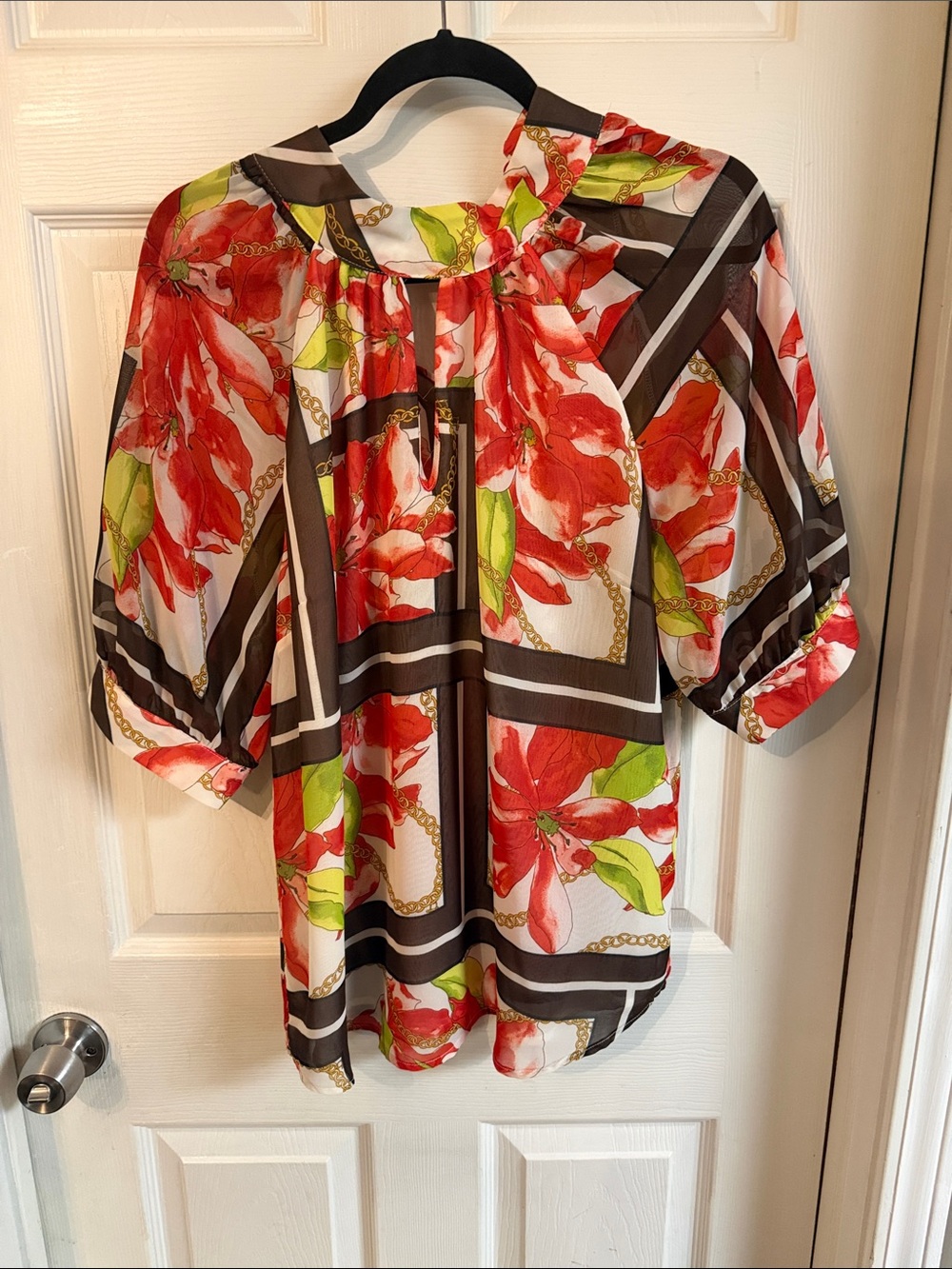 New York & Company Red Floral Peasant Top with Green Accents